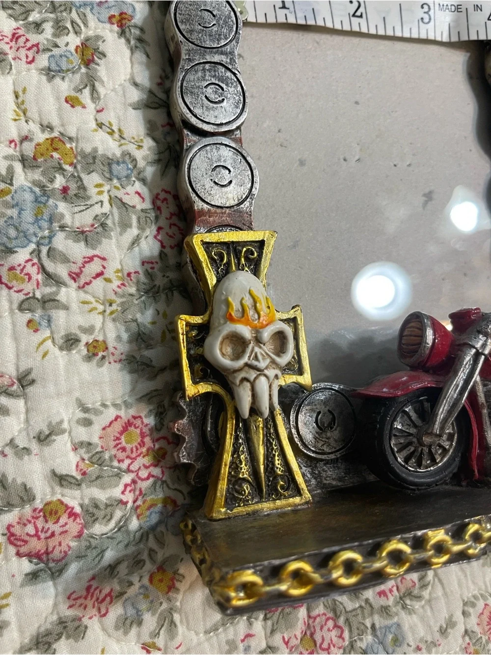 Motorcycle Picture Frame with cross and skull.      4”x6”